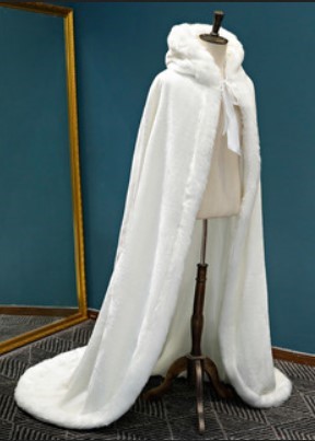 Unreal Fur Brand Ivory Bridal Fur Cloak With Hood and Ribbon Fastener