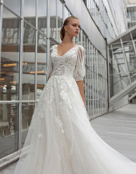 Modeca Lace Ivory Wedding Dress with Bishop Sleeve